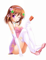 Rule 34 | 1girl, ;p, ass, bare shoulders, bashen chenyue, blush, breasts, brown hair, chinese new year, chinese zodiac, cleavage, closed mouth, clover, dress, elbow gloves, feet, four-leaf clover, full body, gloves, hair between eyes, hair ribbon, hairband, head tilt, highres, holding, medium breasts, one eye closed, original, pink dress, pink footwear, pink hairband, pink ribbon, ribbon, shoe dangle, shoes, simple background, sleeveless, sleeveless dress, smile, solo, thighhighs, tongue, tongue out, white background, white gloves, white thighhighs, year of the pig