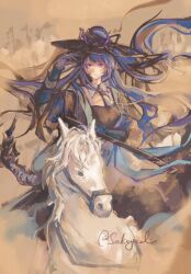 Rule 34 | 1girl, animal, arknights, arm up, arm wrap, artist name, black hat, blue hair, chinese commentary, closed mouth, commentary request, expressionless, floating hair, hat, highres, holding, holding sheath, horns, horns through headwear, horse, horseback riding, jingasa, ling (arknights), long hair, looking ahead, purple eyes, purple horns, riding, sakeyed, scabbard, sheath, signature, solo, very long hair, white horse, wind