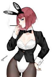 Rule 34 | 1girl, animal ears, ark royal (kancolle), black jacket, black pantyhose, blue eyes, blunt bangs, bob cut, bow, bowtie, breasts, cigarette, cleavage, cowboy shot, detached collar, fake animal ears, gluteal fold, inverted bob, jacket, kantai collection, leotard, looking at viewer, neko (ganecooo), pantyhose, playboy bunny, profile, rabbit ears, red hair, short hair, simple background, small breasts, solo, white background, white leotard, wrist cuffs