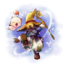 Rule 34 | 1boy, black mage (final fantasy), blue shirt, brown footwear, brown gloves, commentary request, final fantasy, final fantasy ix, full body, gloves, gobaku no hito, green pants, hat, holding, holding staff, leg up, moogle, pantaloons, pants, shirt, shoes, staff, striped clothes, striped pants, vertical-striped clothes, vertical-striped pants, vivi ornitier, white pants, witch hat, yellow headwear