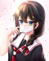 Rule 34 | 1girl, adjusting mask, ahoge, black hair, black shirt, blue eyes, braid, commentary, hair flaps, hair ornament, hair over shoulder, hair ribbon, hand up, highres, kantai collection, long hair, looking at viewer, mask, mouth mask, neckerchief, petals, red neckerchief, red ribbon, ribbon, rukinya (nyanko mogumogu), sailor collar, shigure (kancolle), shigure kai ni (kancolle), shirt, short sleeves, simple background, single braid, solo, surgical mask, symbol-only commentary, white background, white sailor collar