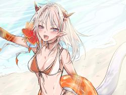 Rule 34 | 1girl, :d, alternate costume, an fyhx, arknights, arm tattoo, arm up, beach, bikini, braid, breasts, cleavage, colored skin, day, dragon girl, dragon horns, dragon tail, earrings, fangs, female focus, hair between eyes, highres, holding, holding swim ring, horns, innertube, jewelry, looking at viewer, medium breasts, medium hair, multicolored hair, nian (arknights), open mouth, outdoors, pointy ears, purple eyes, red hair, red skin, red skirt, sand, sketch, skirt, smile, solo, streaked hair, sunlight, swim ring, swimsuit, tail, tattoo, upper body, water, white hair