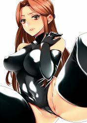 Rule 34 | 10s, 1girl, alternate costume, bare shoulders, black gloves, black thighhighs, breasts, brown eyes, brown hair, clothing cutout, commentary request, elbow gloves, gloves, idolmaster, idolmaster cinderella girls, large breasts, leotard, long hair, looking at viewer, navel cutout, solo, thighhighs, tomo asa (confetto-o), zaizen tokiko