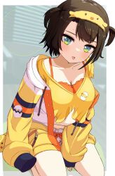 Rule 34 | 1girl, absurdres, animal hood, black hair, bloomers, blue eyes, blush, breasts, collarbone, commentary request, cropped shirt, hairband, highres, hololive, hood, hooded jacket, jacket, large breasts, looking at viewer, multicolored clothes, multicolored jacket, navel, oozora subaru, oozora subaru (loungewear), polka dot, shirt, short hair, short sleeves, solo, swept bangs, tarakore sauce, tongue, tongue out, two side up, underwear, virtual youtuber, white bloomers, white jacket, yellow jacket, yellow shirt