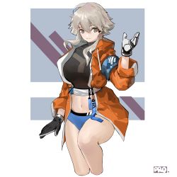 Rule 34 | 1girl, absurdres, arknights, armband, belt, black gloves, black shirt, breasts, buruma, cleavage, closed mouth, crop top, cropped legs, gloves, grey eyes, grey hair, hand up, highres, jacket, long hair, long sleeves, looking at viewer, mayer (arknights), medium breasts, navel, nipples, open clothes, open jacket, orange jacket, prossss, shirt, sign, smile, solo, turtleneck