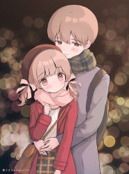 Rule 34 | 1boy, 1girl, ame usako, backpack, bad id, bad pixiv id, bag, blurry, blurry background, blush, bow, brown eyes, brown hair, christmas, closed mouth, coat, commentary request, depth of field, green scarf, grey coat, hair between eyes, hair bow, hand up, hetero, hug, hug from behind, jacket, long sleeves, open clothes, open jacket, original, pink bow, pink scarf, plaid, plaid scarf, plaid skirt, red jacket, scarf, shirt, shoulder bag, skirt, smile, twitter username, two side up, white shirt
