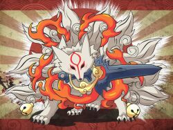 Rule 34 | amaterasu (ookami), claws, digimon, digimon (creature), fusion, highres, kitsune, kyubimon, kyuubi, multiple tails, no humans, ookami (game), solo, sword, tail, weapon