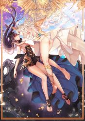 Rule 34 | 2girls, anklet, ass, bare legs, bare shoulders, barefoot, barefoot sandals (jewelry), black hair, breasts, closed eyes, dress, feet, hair ornament, hair ribbon, highres, imminent kiss, jewelry, legs, long hair, multiple girls, ribbon, small breasts, uuhui, wavy hair, white hair, yuri