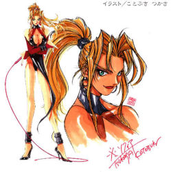 Rule 34 | 1girl, artist name, bare shoulders, blonde hair, breasts, bridal gauntlets, cleavage, cleavage cutout, clothing cutout, crossed arms, cuffs, dress, earrings, fingernails, floating hair, green eyes, halterneck, high heels, high ponytail, jewelry, kotobuki tsukasa, large breasts, latex, lipstick, long fingernails, long hair, long legs, lowres, makeup, nail polish, no bra, official art, ponytail, scrunchie, shiny clothes, shoes, side slit, sidelocks, signature, simple background, smile, sofia, sofia (toushinden), standing, tamsoft, toushinden, translation request, turtleneck, weapon, whip, white background