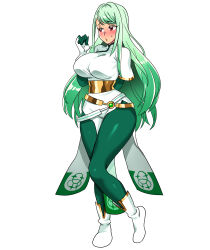 Rule 34 | 1girl, absurdres, alternate costume, alternate hair color, blush, breasts, cosplay, curvy, embarrassed, female focus, fire emblem, fire emblem engage, full body, green hair, green pants, highres, ivy (fire emblem), large breasts, lyn (fire emblem), lyn (fire emblem) (cosplay), mole, nintendo, official alternate costume, pants, pantyhose, pelvic curtain, red eyes, sasa tseng, side slit, solo, white footwear, wide hips