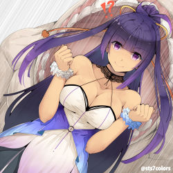 Rule 34 | !?, &gt;:), 1girl, bare shoulders, blunt bangs, blush, breasts, cleavage, clenched hands, closed mouth, collarbone, dress, dutch angle, eyes visible through hair, halter dress, halterneck, high ponytail, imminent vore, large breasts, long hair, monster, o-ring, original, purple eyes, purple hair, scrunchie, sidelocks, sleeveless, sleeveless dress, smile, solo, straight hair, sts, upper body, v-shaped eyebrows, very long hair, white dress, wrist scrunchie