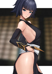 Rule 34 | 1girl, absurdres, alternate hair length, alternate hairstyle, black hair, black sleeves, bleach, blue eyes, blunt bangs, blurry, blurry background, breasts, detached sleeves, from side, highres, japanese clothes, light blush, looking at viewer, nassss, no panties, open mouth, outside border, pelvic curtain, shikai, sideless outfit, simple background, small breasts, solo, sui-feng, suzumebachi (shikai)