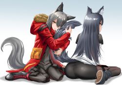 Rule 34 | 2girls, absurdres, animal ear fluff, animal ears, arknights, black capelet, black legwear, boots, capelet, fur-trimmed hood, fur trim, highres, hood, hooded jacket, hugging another&#039;s tail, hugging tail, jacket, long hair, multiple girls, pantyhose, penguin logistics logo, projekt red (arknights), red jacket, rivet (vvrn2825), shoes, tail, texas (arknights), white jacket, wolf ears, wolf girl, wolf tail