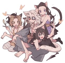 Rule 34 | 1boy, 3girls, :d, animal ear fluff, animal ears, annoyed, arm up, bandaged leg, bandages, bare shoulders, barefoot, black hair, blonde hair, breasts, bug, butterfly, cat boy, cat ears, cat girl, cat tail, cleavage, eyepatch, fang, fishnet thighhighs, fishnets, grey kimono, hair pulled back, harem, highres, hinatsuru (kimetsu no yaiba), husband and wife, husband and wives, insect, japanese clothes, kemonomimi mode, kimetsu no yaiba, kimono, kunai, large breasts, long hair, long sleeves, looking at another, lying on lap, makio (kimetsu no yaiba), meremero, mole, mole under eye, multicolored hair, multiple girls, open mouth, polygamy, ponytail, purple eyes, red eyes, simple background, sitting, sleeveless, sleeveless kimono, smile, suma (kimetsu no yaiba), tail, thighhighs, two-tone hair, uzui tengen, weapon, white background, white hair