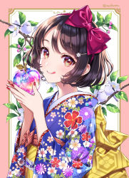 Rule 34 | 1girl, :q, apple, back bow, bird, black hair, blue kimono, blush, border, bow, branch, closed mouth, commentary request, floral print, food, fruit, hair bow, hair ornament, hairclip, highres, holding, holding food, holding fruit, japanese clothes, kimono, long sleeves, looking at viewer, morikura en, nail polish, original, outside border, pink border, purple bow, red eyes, red nails, short hair, simple background, smile, snow white, solo, swept bangs, tongue, tongue out, twitter username, upper body, white background, wide sleeves, yellow bow