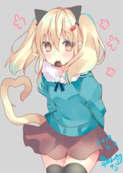 Rule 34 | 1girl, 2017, arms behind back, artist name, black thighhighs, blonde hair, blue sweater, blush, brown eyes, brown skirt, candy, cat tail, chocolate, chocolate heart, closed mouth, cowboy shot, dated, food, grey background, hair between eyes, heart, heart tail, long hair, looking at viewer, mouth hold, multicolored hair, original, satsuki mayuri, signature, simple background, skirt, smile, solo, streaked hair, sweater, tail, thighhighs, twintails