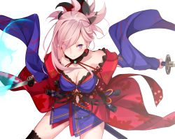 Rule 34 | 1girl, absurdres, black thighhighs, blue eyes, blue kimono, blush, breasts, cleavage, detached sleeves, dual wielding, earrings, eyes visible through hair, fate/grand order, fate (series), hair ornament, highres, holding, japanese clothes, jewelry, katana, kimono, kujou ichiso, large breasts, leaf print, long hair, looking at viewer, maple leaf print, miyamoto musashi (fate), miyamoto musashi (third ascension) (fate), obi, pink hair, ponytail, sash, sidelocks, simple background, sleeveless, sleeveless kimono, solo, sword, thighhighs, weapon, white background, wide sleeves
