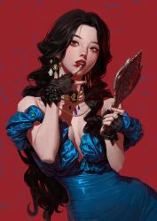 Rule 34 | 1girl, bare shoulders, black hair, blue dress, breasts, cleavage, dress, earrings, fingerless gloves, gloves, hand mirror, heo sung-moo, highres, jewelry, lipstick, long hair, looking at viewer, makeup, mirror, neck ring, original, red background, sleeveless, solo