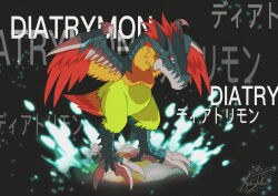 Rule 34 | black background, diatrymon, digimon, digimon (creature), digimon survive, japanese text, parody, solo