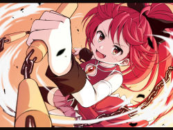 Rule 34 | 10s, 1girl, chain, detached sleeves, fang, hair ribbon, letterboxed, long hair, maazyu, magical girl, mahou shoujo madoka magica, mahou shoujo madoka magica (anime), open mouth, polearm, ponytail, red eyes, red hair, ribbon, sakura kyoko, solo, soul gem, thighhighs, weapon, zettai ryouiki