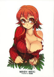 Rule 34 | 1girl, blush, breasts, cleavage, covered erect nipples, glasses, highres, kusanagi tonbo, lace, large breasts, original, red hair, scan, smile, solo, yellow eyes