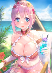 Rule 34 | 1girl, :d, bangle, bare shoulders, bikini, blush, bracelet, braid, breasts, brown bikini, chair, cleavage, commentary request, day, flower, gucchiann, hair between eyes, hair flower, hair ornament, highres, holding, horizon, jewelry, large breasts, looking at viewer, navel, ocean, on chair, open mouth, outdoors, pillow, pink hair, princess connect!, red flower, red rose, rose, sidelocks, sitting, smile, solo, sunflower, sunflower hair ornament, swimsuit, teeth, upper teeth only, water, yellow flower, yui (princess connect!), yui (summer) (princess connect!)