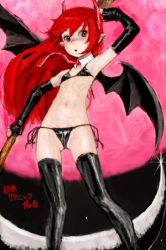 Rule 34 | 1girl, armpits, bad id, bad pixiv id, bikini, black bikini, black gloves, black thighhighs, blush, breasts, breasts apart, copyright request, demon girl, demon wings, detached collar, elbow gloves, facing viewer, feet out of frame, fingerless gloves, flat chest, gloves, horns, long hair, moon, navel, necktie, partially translated, pointy ears, ponsuke (pon00000), red eyes, red hair, red moon, red necktie, scythe, side-tie bikini bottom, small breasts, solo, standing, swimsuit, thighhighs, translation request, weapon, wings
