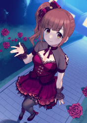 Rule 34 | 1girl, black thighhighs, blurry, blurry background, bow, breasts, brown hair, cleavage, commentary, dress, flower, footwear bow, garden, hair bow, hand up, highres, house, idolmaster, idolmaster cinderella girls, igarashi kyoko, kanjiki machida, lace-trimmed wrist cuffs, lace trim, long hair, looking at viewer, medium breasts, night, official alternate costume, outdoors, red bow, red dress, red flower, red footwear, red nails, red rose, rose, see-through, see-through sleeves, short sleeves, side ponytail, sidelocks, smile, solo, stone floor, thighhighs, walking, wrist cuffs, yellow eyes