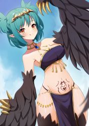 Rule 34 | 1girl, absurdres, bare shoulders, black feathers, black wings, blush, breasts, claws, commentary, commission, english commentary, feathers, green hair, harpy, highres, hzhc, indie virtual youtuber, lincoro, medium breasts, midriff, monster girl, navel, pelvic curtain, pointy ears, red eyes, second-party source, short hair, short twintails, solo, stomach tattoo, tattoo, tiara, tongue, tongue out, twintails, virtual youtuber, winged arms, wings