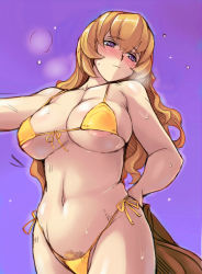 Rule 34 | 1girl, areola slip, arm behind back, bare arms, bikini, blonde hair, blush, breasts, breath, brown coat, coat, cowboy shot, embarrassed, exhibitionism, female pubic hair, front-tie bikini top, front-tie top, gradient background, hand on own hip, heavy breathing, large areolae, large breasts, long hair, looking away, medium breasts, micro bikini, navel, pubic hair, pubic hair peek, public indecency, purple background, purple eyes, revealing clothes, rwby, side-tie bikini bottom, simple background, solo, standing, stomach, sweat, swimsuit, third-party edit, tsuda nanafushi, underboob, yang xiao long, yellow bikini