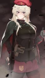 Rule 34 | 1girl, ak-74m, ak74m (girls&#039; frontline), ammunition belt, assault rifle, beret, black gloves, black pantyhose, blonde hair, blush, breasts, camouflage cloak, closed mouth, commentary, feet out of frame, fingerless gloves, girls&#039; frontline, gloves, griffin &amp; kryuger, grifon &amp; kryuger, gun, hair ornament, hat, highres, holding, holding gun, holding knife, holding weapon, kalashnikov rifle, knife, long hair, long sleeves, looking at viewer, medium breasts, pantyhose, purple eyes, red skirt, revision, rifle, russian flag, saturndxy, simple background, skirt, snowflake hair ornament, solo, standing, tactical clothes, weapon
