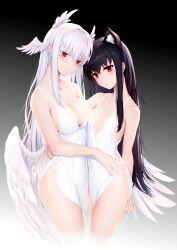 Rule 34 | 2girls, absurdres, animal ears, arm around neck, asymmetrical docking, bare shoulders, black hair, blush, breast press, breasts, cat ears, cat girl, cat tail, character request, closed mouth, collarbone, cropped legs, dress, feathered wings, gradient background, grey background, head wings, highres, indie virtual youtuber, large breasts, long hair, looking at viewer, mole, mole under eye, multiple girls, red eyes, shibanme tekikumo, signature, sleeveless, sleeveless dress, small breasts, tail, very long hair, virtual youtuber, white dress, white wings, wings, xingye (xing)