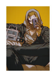 Rule 34 | 1boy, absurdres, arm at side, bandaged hand, bandages, black jacket, black pants, c2h4 (1849155751), cassette player, cassette tape, couch, covered face, crossed legs, dead by daylight, grey hoodie, highres, holding, hood, hoodie, jacket, looking at viewer, male focus, mask, neck tattoo, on couch, open clothes, open jacket, pants, simple background, sitting, solo, tape, tattoo, the legion (dead by daylight), upper body, yellow background