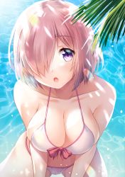 Rule 34 | 1girl, :o, bare shoulders, bikini, bow, breasts, cleavage, collarbone, fate/grand order, fate (series), front-tie bikini top, front-tie top, hair over one eye, head tilt, izumi akane, large breasts, leaning forward, looking at viewer, mash kyrielight, official alternate costume, open mouth, pink hair, purple eyes, red bow, short hair, sideboob, solo, sunlight, swimsuit, water, white bikini