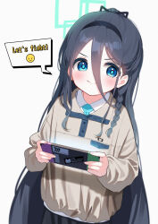 Rule 34 | 1girl, absurdly long hair, absurdres, aqua halo, aris (blue archive), black hair, black skirt, blue archive, blue eyes, blue necktie, blush, closed mouth, collared shirt, emoticon, english text, fingernails, green halo, halo, handheld game console, highres, holding, holding handheld game console, long hair, looking at viewer, necktie, playing games, ringed eyes, same jarashi, shirt, simple background, skirt, smile, solo, speech bubble, very long hair, white background, white shirt