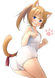 Rule 34 | 1girl, :d, animal ear fluff, animal ears, ass, bare arms, bare shoulders, blonde hair, blush, cat ears, cat girl, cat tail, collarbone, commentary request, fang, highres, old school swimsuit, one-piece swimsuit, open mouth, original, red ribbon, ribbon, school swimsuit, shibacha, sidelocks, simple background, smile, solo, swimsuit, tail, tail ornament, tail ribbon, twisted torso, white background, white one-piece swimsuit