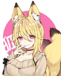 Rule 34 | 1girl, :3, animal ears, blonde hair, blush, breasts, brown sweater, byulzzi, cleavage, closed mouth, collarbone, fox ears, fox girl, fox tail, hair between eyes, hand to own mouth, kitsune, large breasts, long hair, long sleeves, looking at viewer, mole, mole under eye, multiple tails, original, sleeves past wrists, solo, sweater, tail, two tails, very long hair