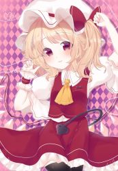 Rule 34 | 1girl, argyle, argyle background, argyle clothes, arm up, ascot, black thighhighs, blonde hair, blush, bow, collared shirt, commentary request, crystal, eringi (rmrafrn), flandre scarlet, hand up, hat, hat bow, head tilt, heart, highres, laevatein, long hair, looking at viewer, mob cap, one side up, parted lips, puffy short sleeves, puffy sleeves, red bow, red eyes, red skirt, red vest, shirt, short sleeves, skirt, skirt set, solo, sparkle, thighhighs, touhou, vest, white hat, white shirt, wings, wrist cuffs, yellow ascot
