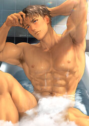 Rule 34 | 1boy, abs, bara, bathtub, blue eyes, brown hair, completely nude, convenient censoring, highres, jim (mondi hl), large pectorals, male focus, male underwear, mondi hl, muscular, muscular male, navel, nipples, nude, original, pectorals, short hair, soap bubbles, soap censor, solo, twitter username, underwear, water
