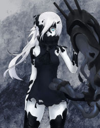 Rule 34 | 10s, 1girl, abyssal ship, ascot, bad id, bad pixiv id, bare shoulders, black dress, blue eyes, cannon, colored skin, covered mouth, cowboy shot, dress, gradient background, highres, kantai collection, looking at viewer, mask, ne-class heavy cruiser, pale skin, senaya eru, short dress, solo, thighhighs, torn clothes, torn dress, weapon, white hair, white skin