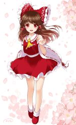 Rule 34 | 1girl, ahoge, bare legs, bow, brown hair, cherry blossoms, detached sleeves, fingernails, flower, full body, hair bow, hair tubes, hakurei reimu, half updo, highres, kazuki kan, long hair, petals, red bow, red eyes, red footwear, red skirt, shoes, skirt, skirt set, solo, touhou, white background, wide sleeves