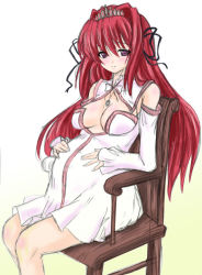 Rule 34 | 1girl, aneria floris etherhart, axia, blush, breasts, chair, detached sleeves, dress, fuchi, jewelry, knee blush, medium breasts, necklace, pregnant, purple eyes, red hair, sitting, solo