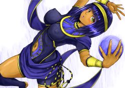 Rule 34 | 1girl, capcom, commentary request, crystal ball, covered erect nipples, female focus, hagoromo, highres, impossible clothes, lipstick, makeup, menat, navel, over-kneehighs, purple hair, ryoushun, shawl, street fighter, street fighter v, thighhighs, yellow eyes