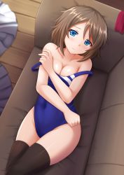 Rule 34 | 10s, 1girl, black thighhighs, blouse, blue eyes, blue one-piece swimsuit, blurry, blush, breasts, brown hair, depth of field, embarrassed, hair between eyes, hand on own hip, highres, kazenokaze, legs together, looking at viewer, love live!, love live! sunshine!!, lying, on back, one-piece swimsuit, school uniform, serafuku, shirt, short hair, skirt, unworn skirt, solo, strap slip, swept bangs, swimsuit, thighhighs, thighs, undressing, watanabe you, white shirt