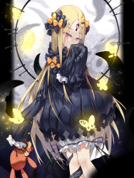 Rule 34 | 1girl, abigail williams (fate), black bow, black dress, black ribbon, blonde hair, bow, bug, butterfly, dress, fate/grand order, fate (series), floating hair, gala king, hair bow, holding, holding stuffed toy, insect, key, long hair, looking at viewer, orange bow, parted bangs, pink eyes, polka dot, polka dot bow, ribbon, ribbon-trimmed shorts, ribbon trim, short dress, shorts, sleeves past wrists, solo, standing, stuffed animal, stuffed toy, teddy bear, very long hair, white polka dots, white shorts