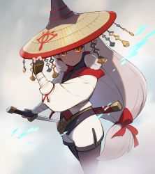 Rule 34 | 1girl, blanco026, bodysuit, bodysuit under clothes, hat, highres, hyrule warriors: age of calamity, impa, kodachi, long hair, low-tied long hair, nintendo, pantyhose, pointy ears, sheikah, short sword, shorts, solo, sword, the legend of zelda, the legend of zelda: breath of the wild, very long hair, weapon, white hair