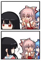 Rule 34 | 2koma, 3girls, :d, black hair, blue dress, blue eyes, blue hair, bow, bowtie, chibi, chinese commentary, cirno, comic, commentary request, dress, fujiwara no mokou, hair bow, hand up, houraisan kaguya, ice, ice wings, jokanhiyou, long hair, looking at another, multiple girls, open mouth, pants, pinafore dress, pink hair, puffy short sleeves, puffy sleeves, red bow, red eyes, red neckwear, red pants, shirt, short sleeves, sidelocks, simple background, sleeveless dress, smile, suspenders, touhou, upper body, very long hair, white background, white bow, white shirt, wings