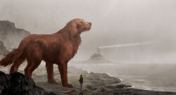 Rule 34 | 1girl, animal, animal focus, clifford (dog), clifford the big red dog, dog, emily elizabeth, island, lighthouse, ocean, outdoors, oversized animal, realistic, sandara, scenery, standing, water