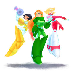 Rule 34 | 3girls, alex (totally spies), android, black hair, blonde hair, blue eyes, bob cut, capcom, clover (totally spies), floating, green eyes, gun, highres, long hair, looking at viewer, m-keane, mega man (series), mega man x (series), midair, multiple girls, orange hair, parody, reploid, sam (totally spies), short hair, simple background, totally spies, weapon, yellow eyes