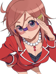 Rule 34 | 1girl, adjusting eyewear, bra, breasts, cleavage, foreshortening, formal, from above, glasses, go robots, hair ornament, hairclip, hand on own hip, highres, jewelry, katou marika, lingerie, lips, looking at viewer, looking up, miniskirt pirates, necklace, parted lips, simple background, solo, suit, sunglasses, underwear, white background
